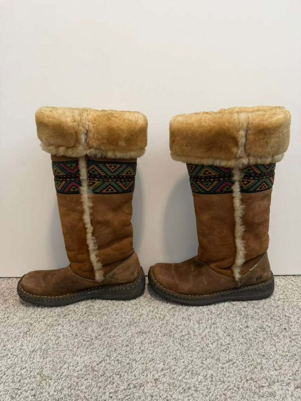 Born Shearling Fur Lined Tall Leather Brown Winter Boots Aztec Western Eskimo - Picture 7 of 8